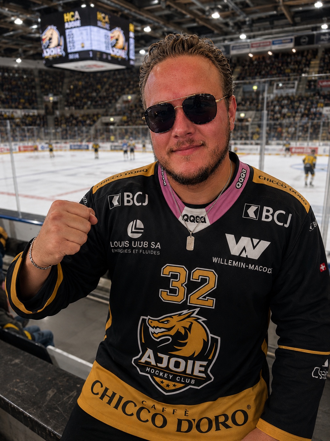 Arthur en maillot du HC Ajoie, numéro 32, dans la patinoire
